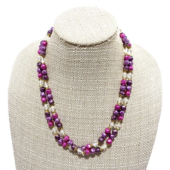 Double strand beaded necklace purples & pink clear faceted beads retro romantic - Picture 1 of 4